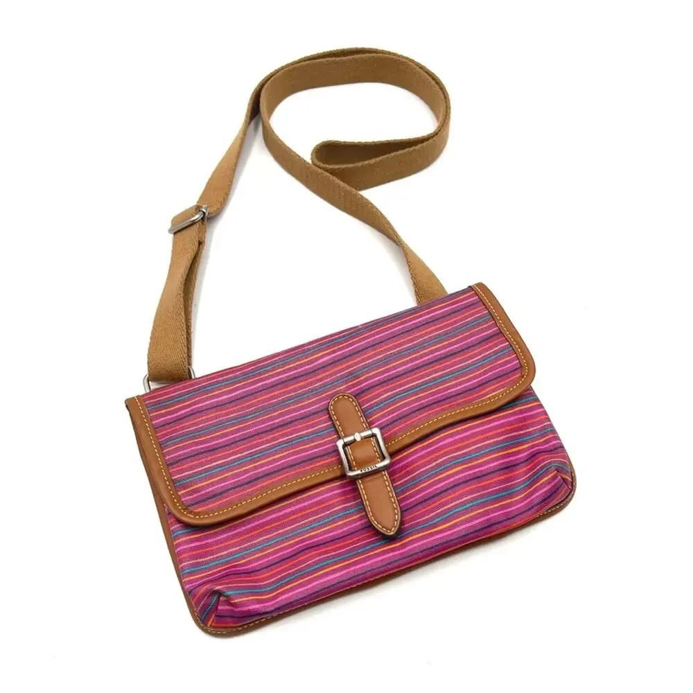 FOSSIL pink crossbody bag coated fabric waterproof stripped magnetic closure